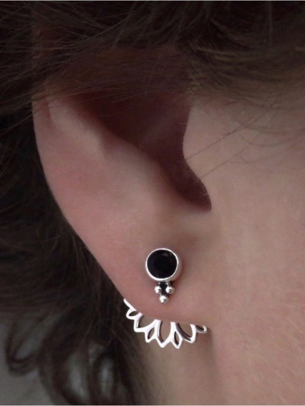 Black Stone Silver Stud Earrings - Women Jewelry with decorative backing